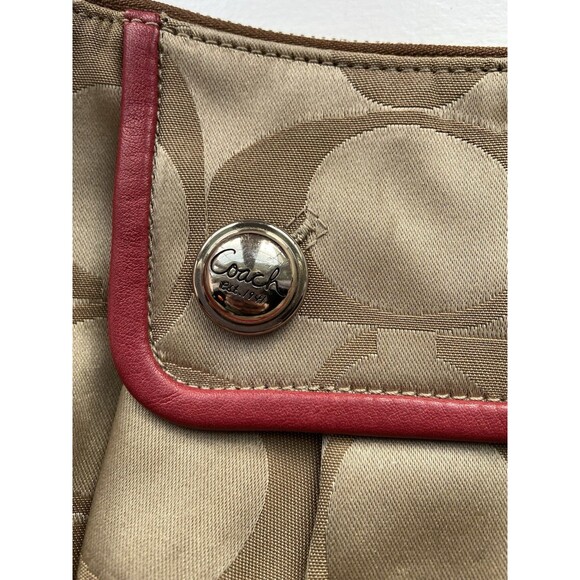Y2K Coach Signature Shoulder Bag 13833 Tan "C" Canvas Red Leather Trim Hobo Logo - Picture 3 of 13